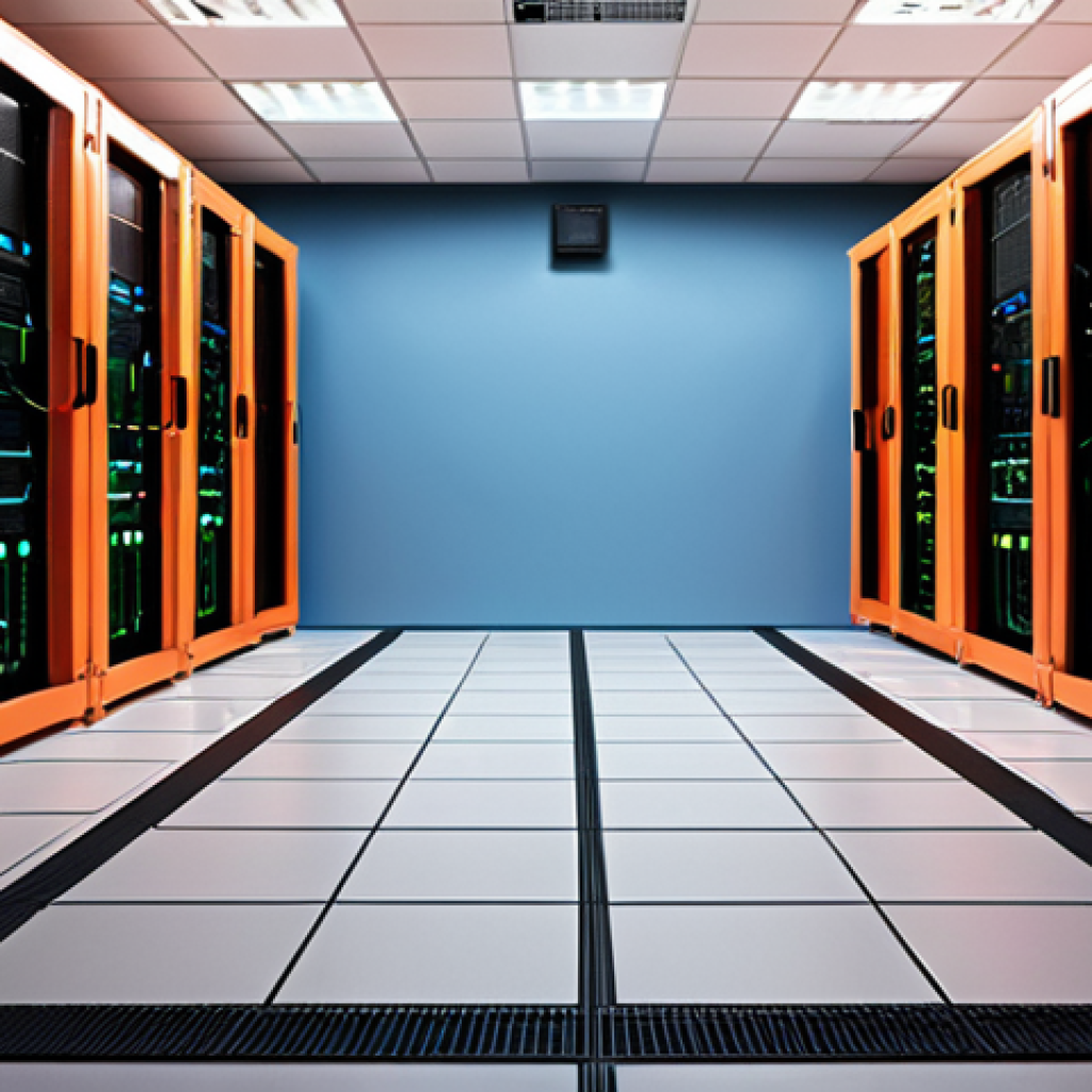 **Linux network security concept:** A secure server room with blinking lights and network cables, highlighting a firewall graphic protecting the servers. Focus on the security aspects, illustrating the concept of "first line of defense". Dutch setting.