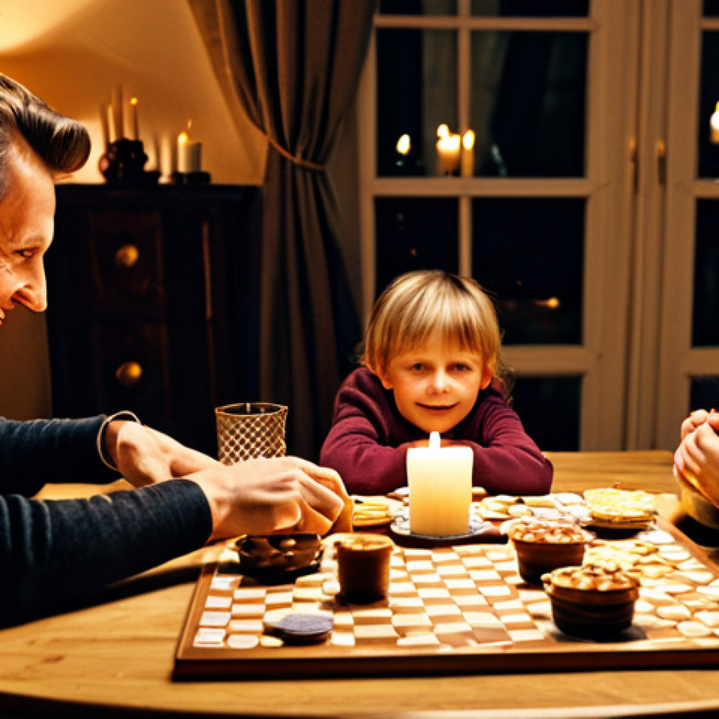 **Cozy "gezellig" scene:** A family gathered around a table in a warmly lit living room, playing "bordspellen" (board games), "kaarsjes" (candles) on the table, "stroopwafels" and "chocomel" nearby, fully clothed, appropriate attire, safe for work, perfect anatomy, natural proportions, family-friendly.