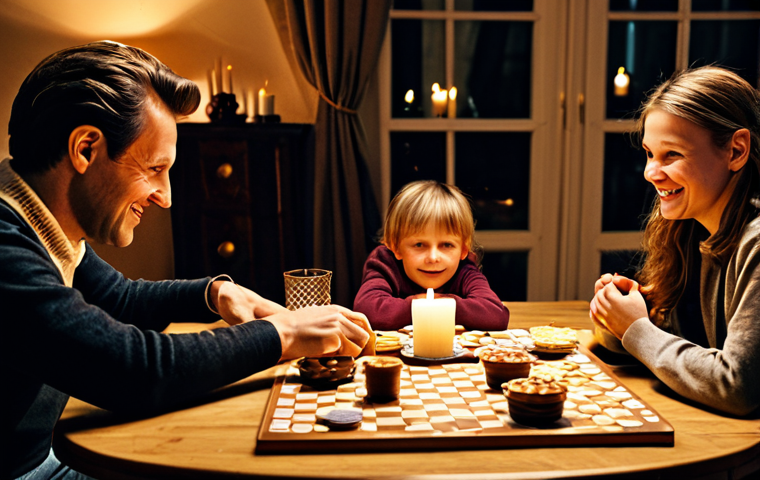 **Cozy "gezellig" scene:** A family gathered around a table in a warmly lit living room, playing "bordspellen" (board games), "kaarsjes" (candles) on the table, "stroopwafels" and "chocomel" nearby, fully clothed, appropriate attire, safe for work, perfect anatomy, natural proportions, family-friendly.