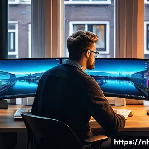 Home 33 리눅스에서 시스템 로그 확인 방법 - A modern Dutch IT professional sitting at a sleek desk in a cozy home office, multiple monitors disp...