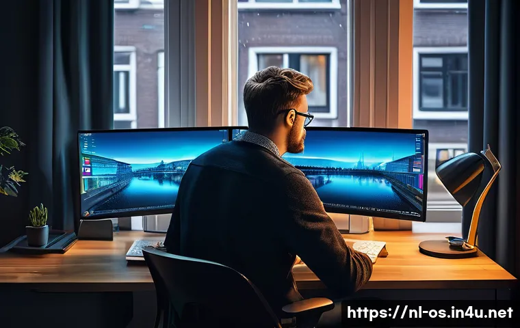 리눅스에서 시스템 로그 확인 방법 - A modern Dutch IT professional sitting at a sleek desk in a cozy home office, multiple monitors disp...