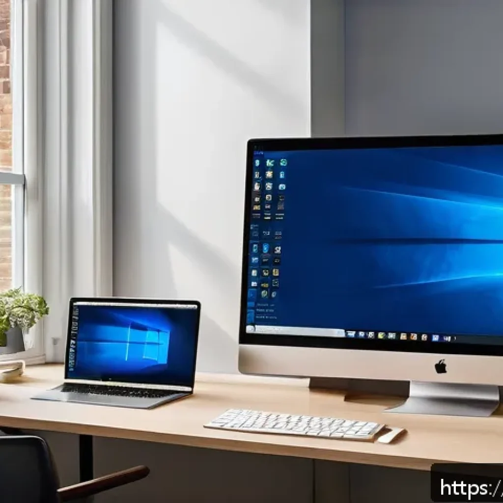 윈도우와 macOS의 기본 소프트웨어 비교 - A detailed split-screen illustration showing two workspaces side by side: on the left, a Windows des...