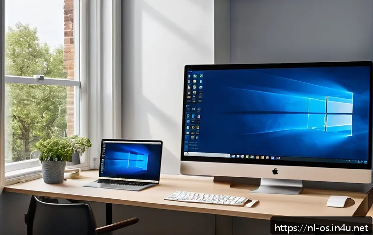 윈도우와 macOS의 기본 소프트웨어 비교 - A detailed split-screen illustration showing two workspaces side by side: on the left, a Windows des...