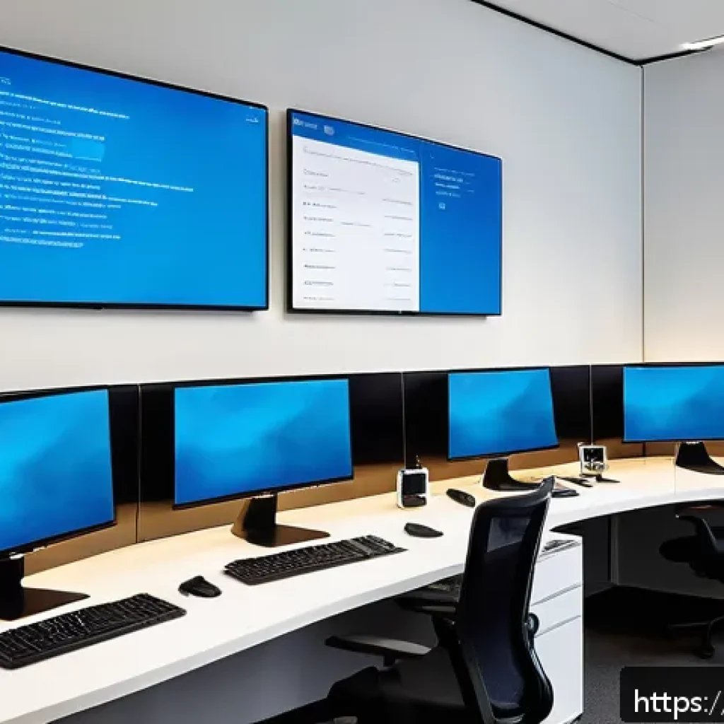 운영체제별 네트워크 설정 비교 - A modern, sleek office environment showing three computer workstations side-by-side, each displaying...