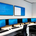 Home 23 운영체제별 네트워크 설정 비교 - A modern, sleek office environment showing three computer workstations side-by-side, each displaying...