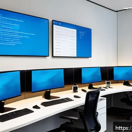 Home 17 운영체제별 네트워크 설정 비교 - A modern, sleek office environment showing three computer workstations side-by-side, each displaying...