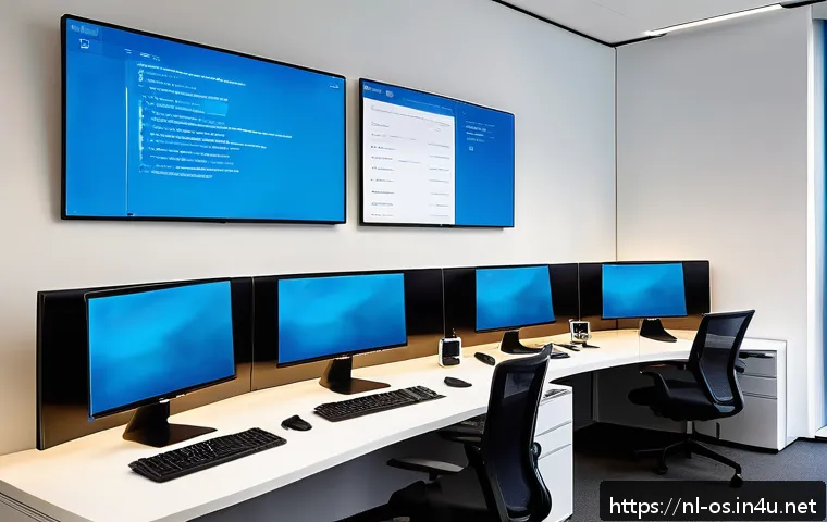 운영체제별 네트워크 설정 비교 - A modern, sleek office environment showing three computer workstations side-by-side, each displaying...