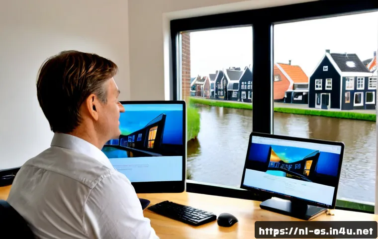Home 17 윈도우 11의 원격 데스크톱 설정 - Photorealistic home office in the Netherlands, a middle-aged professional viewing a modern desktop c...