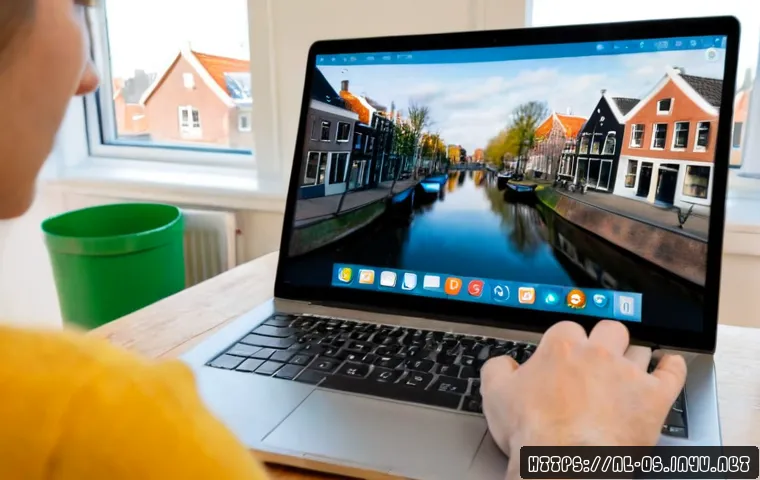Home 17 macOS에서 소프트웨어 설치 및 삭제 - Photorealistic over-the-shoulder view of a tidy modern home office in the Netherlands, an adult usin...
