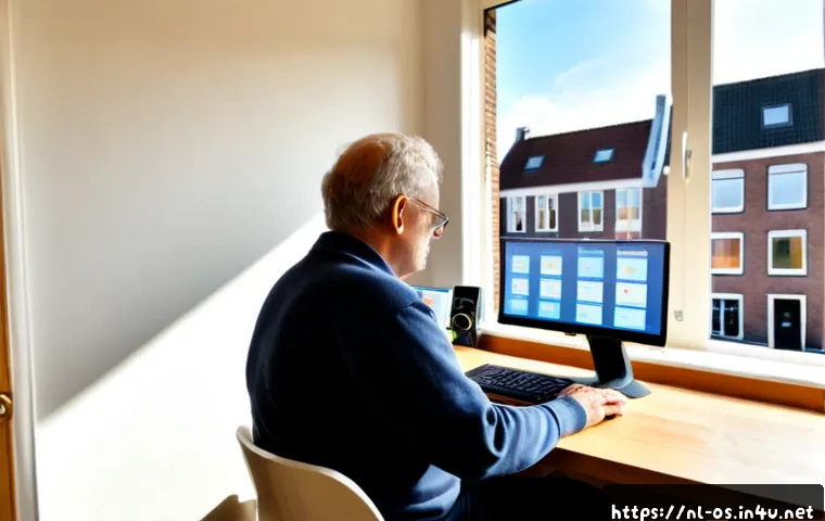 Home 17 리눅스에서 패키지 관리자를 사용하는 방법 - Photorealistic home office scene in the Netherlands, an older adult using a Linux desktop computer w...